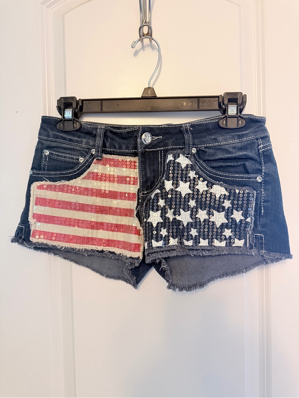 Denim American Flag Sequin Cutoff Shorts - Blue